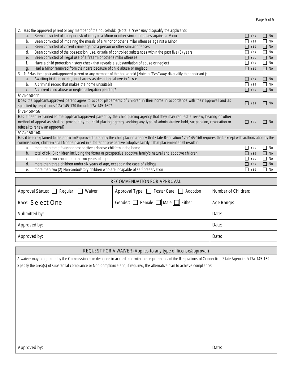 Form DCF-720 Verification of Requirements for Approval / Re-approval for Foster  Prospective Adoptive Families - Connecticut, Page 5