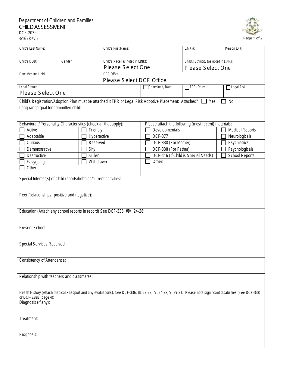 Form DCF-2039 Child Assessment - Connecticut, Page 1