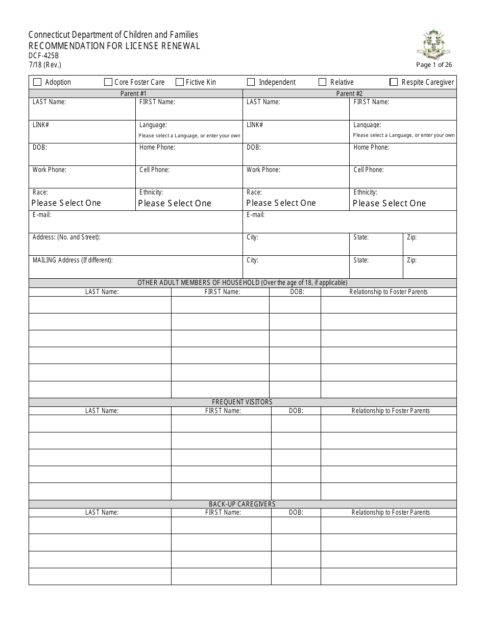 Form DCF-425B Recommendation for License Renewal - Connecticut, Page 1