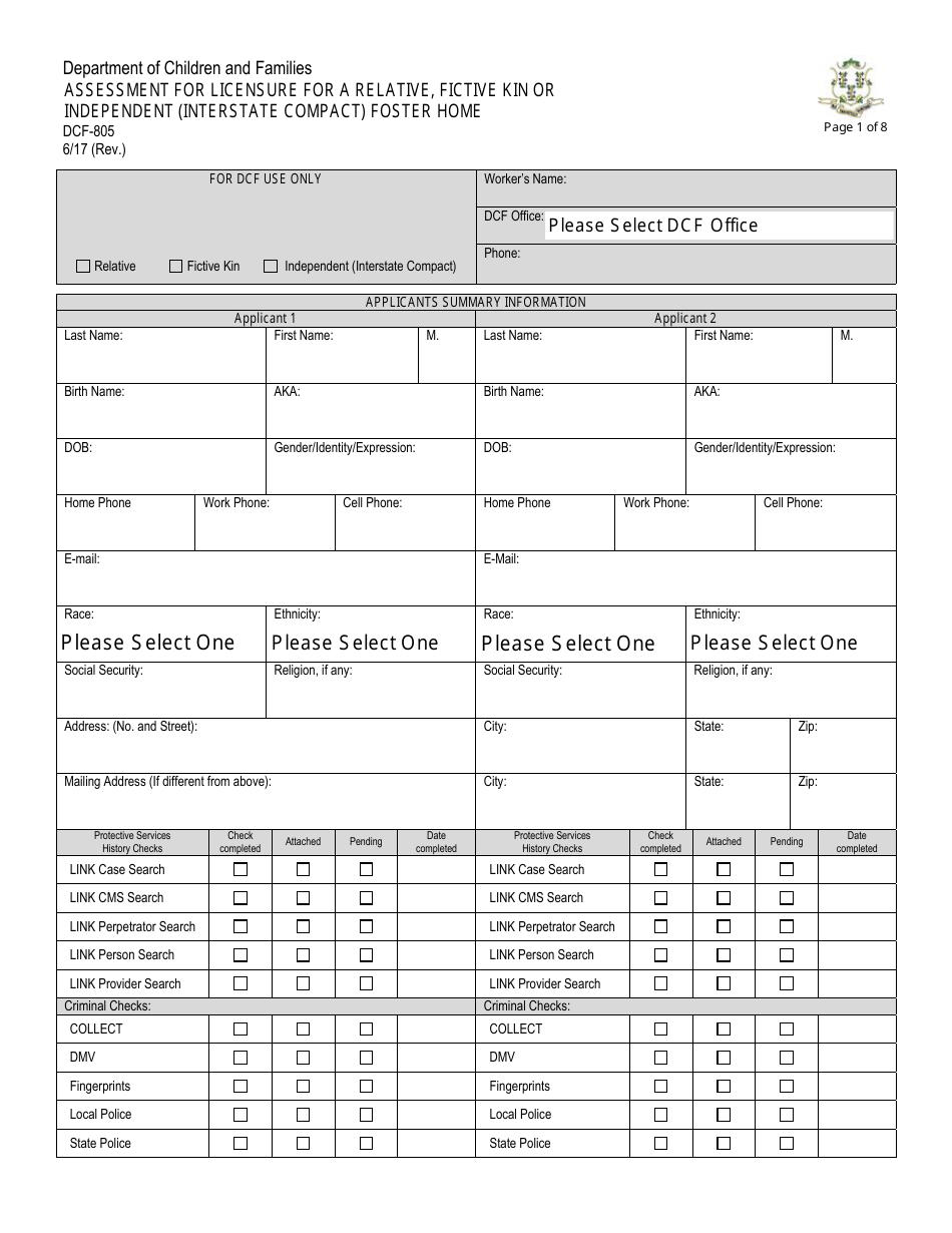 Form DCF-805 Assessment for Licensure for a Relative, Fictive Kin or Independent (Interstate Compact) Foster Home - Connecticut, Page 1