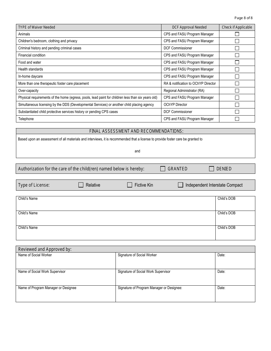 Form DCF-805 Assessment for Licensure for a Relative, Fictive Kin or Independent (Interstate Compact) Foster Home - Connecticut, Page 8