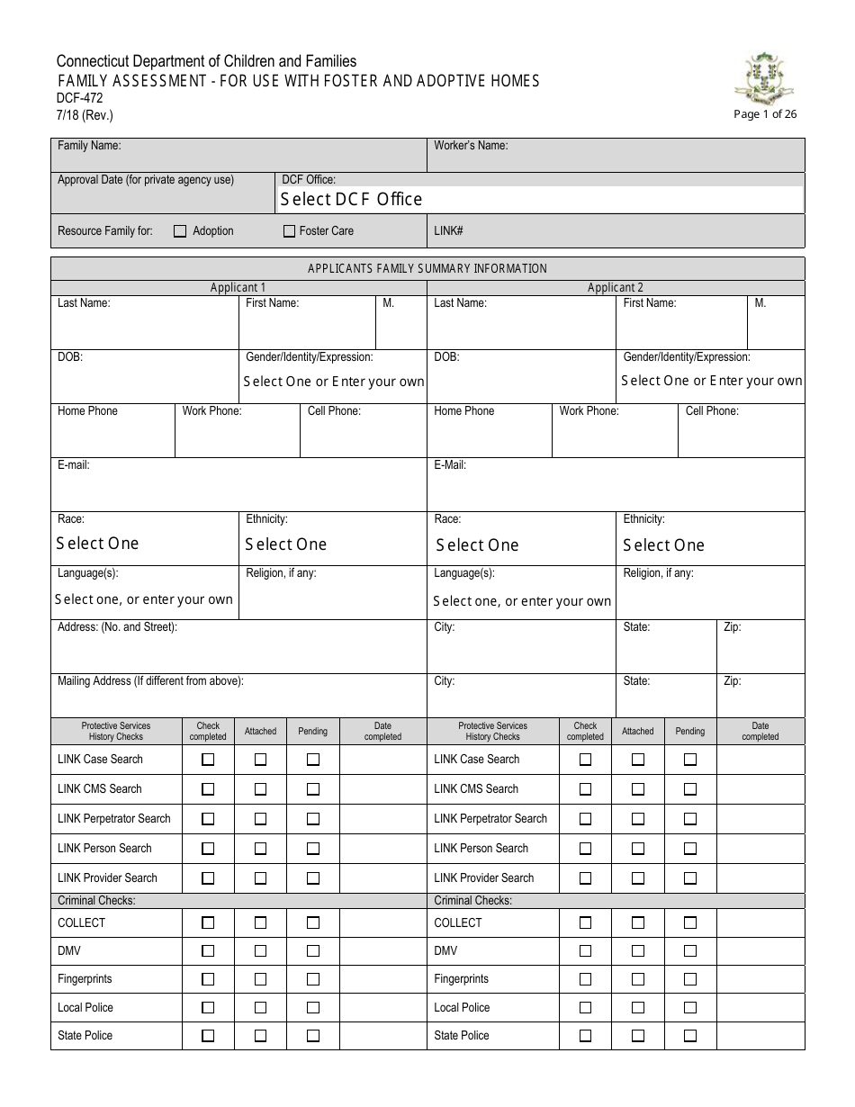 Form DCF-472 Family Assessment - for Use With Foster and Adoptive Homes - Connecticut, Page 1