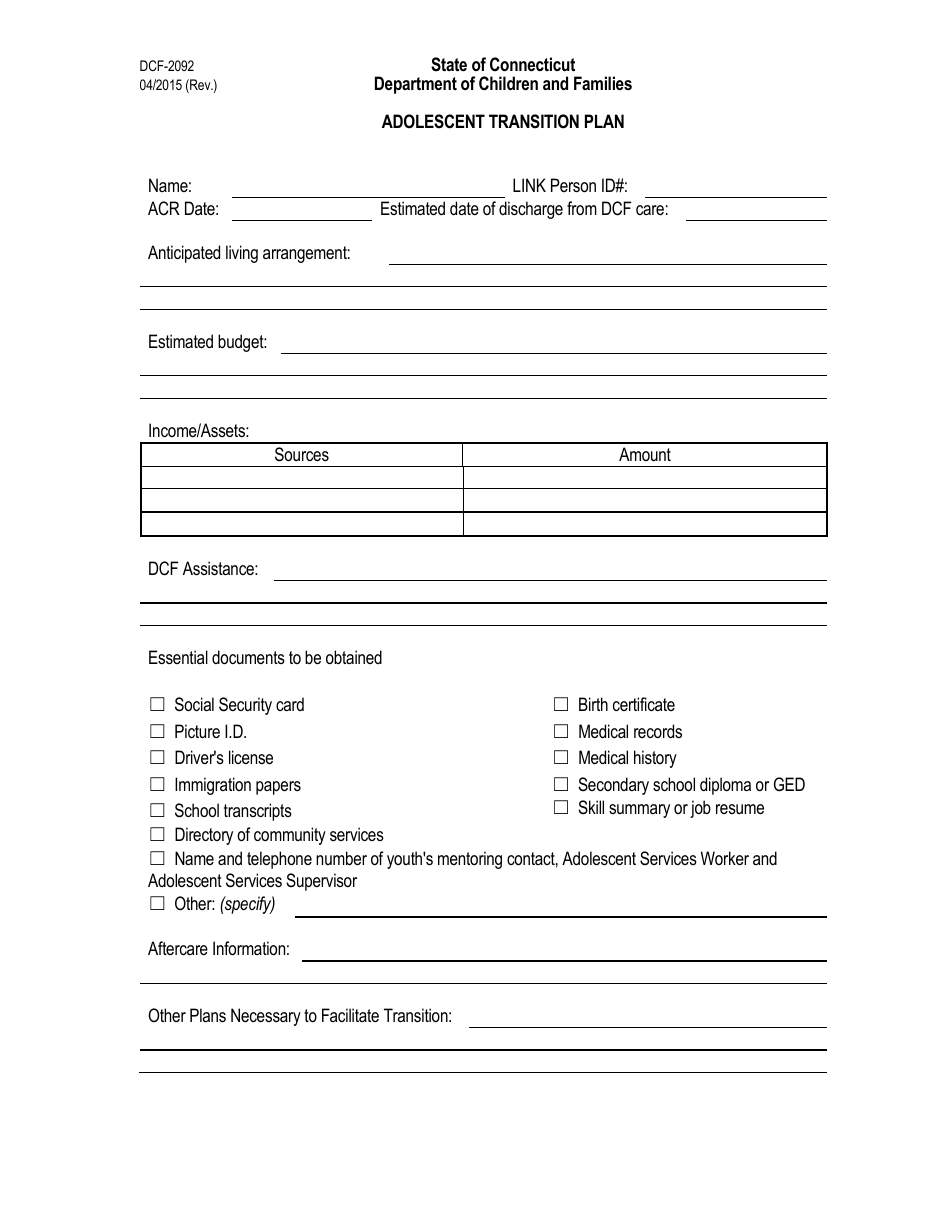 Form DCF-2092 Adolescent Transition Plan - Connecticut, Page 1