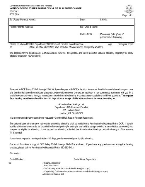 Form DCF-2082 Notification to Foster Parent of Child's Placement Change - Connecticut