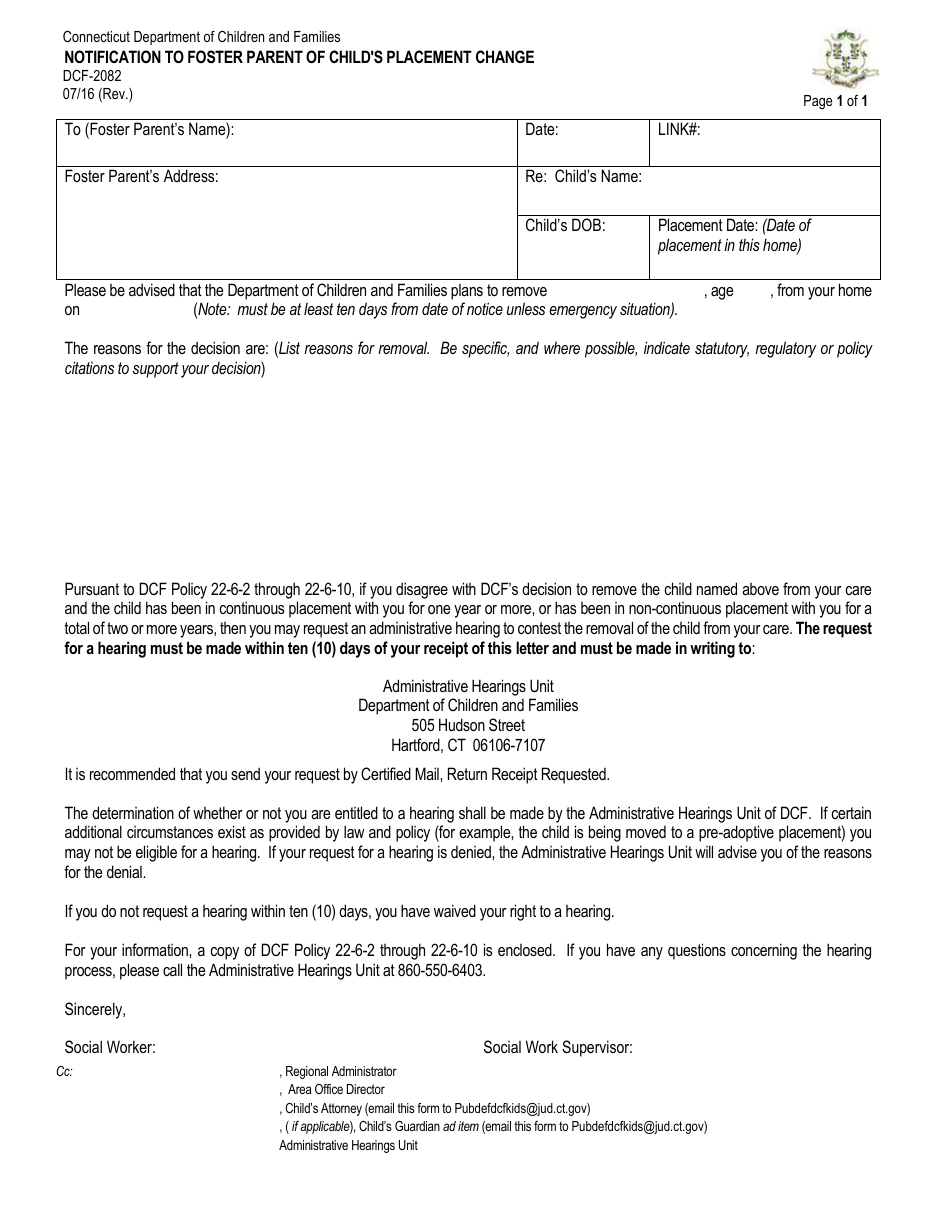 Form DCF-2082 Notification to Foster Parent of Childs Placement Change - Connecticut, Page 1