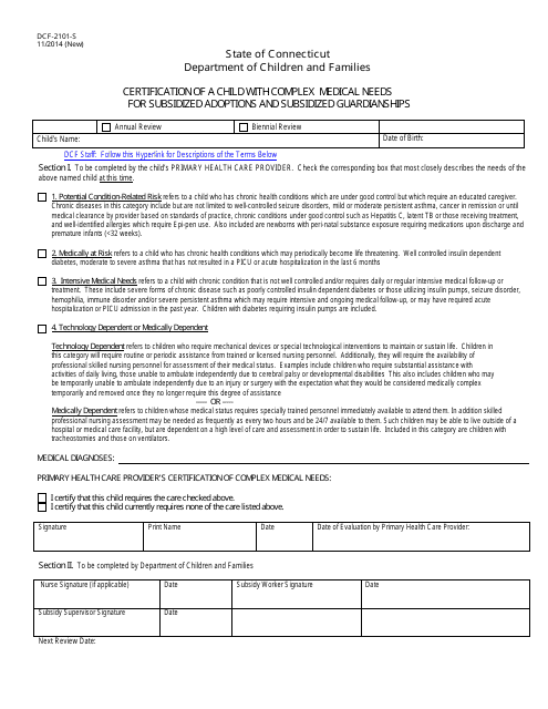Form DCF-2101-S Certification of a Child With Complex Medical Needs for Subsidized Adoptions and Subsidized Guardianships - Connecticut