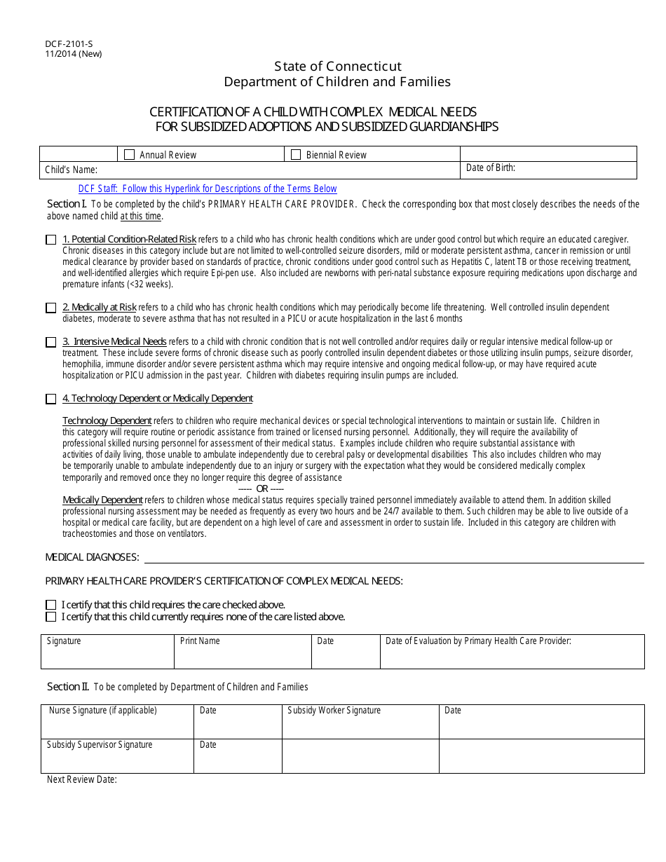 Form DCF-2101-S Certification of a Child With Complex Medical Needs for Subsidized Adoptions and Subsidized Guardianships - Connecticut, Page 1