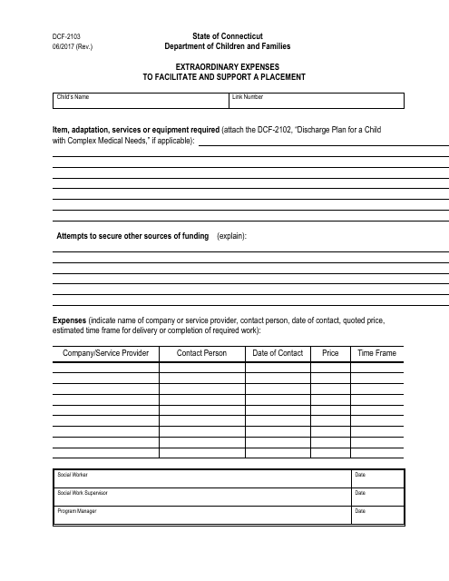 Form DCF-2103 Extraordinary Expenses to Facilitate and Support a Placement - Connecticut