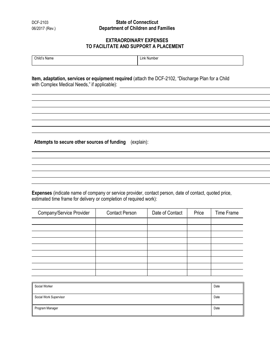 Form DCF-2103 Extraordinary Expenses to Facilitate and Support a Placement - Connecticut, Page 1