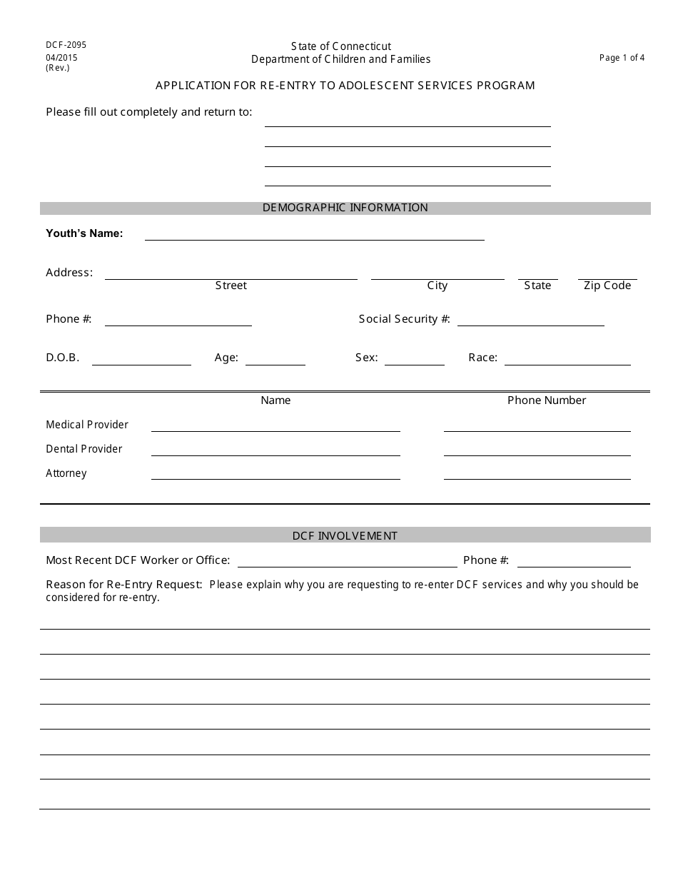 Form DCF-2095 Application for Re-entry to Adolescent Services Program - Connecticut, Page 1