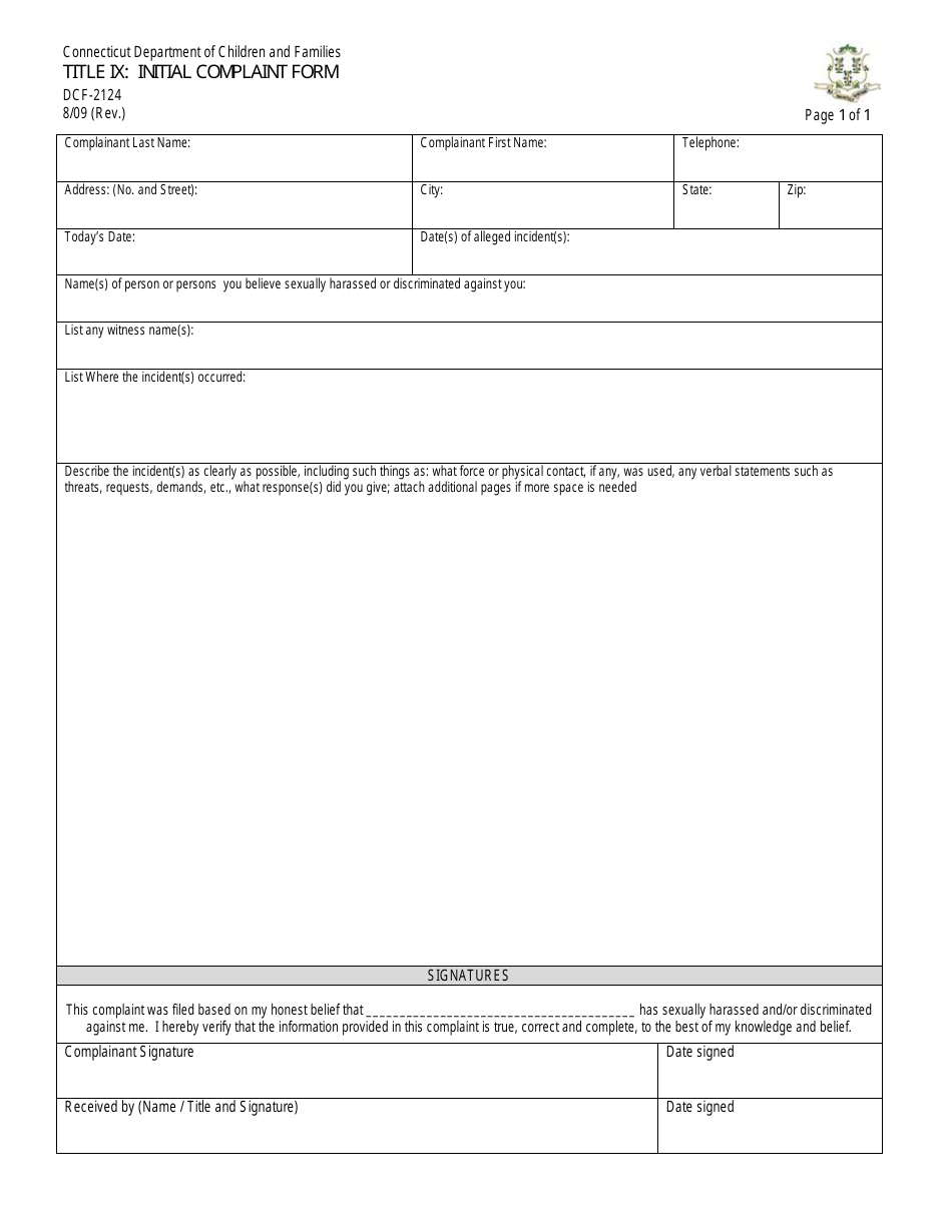 Form DCF-2124 Title IX: Initial Complaint Form - Connecticut, Page 1