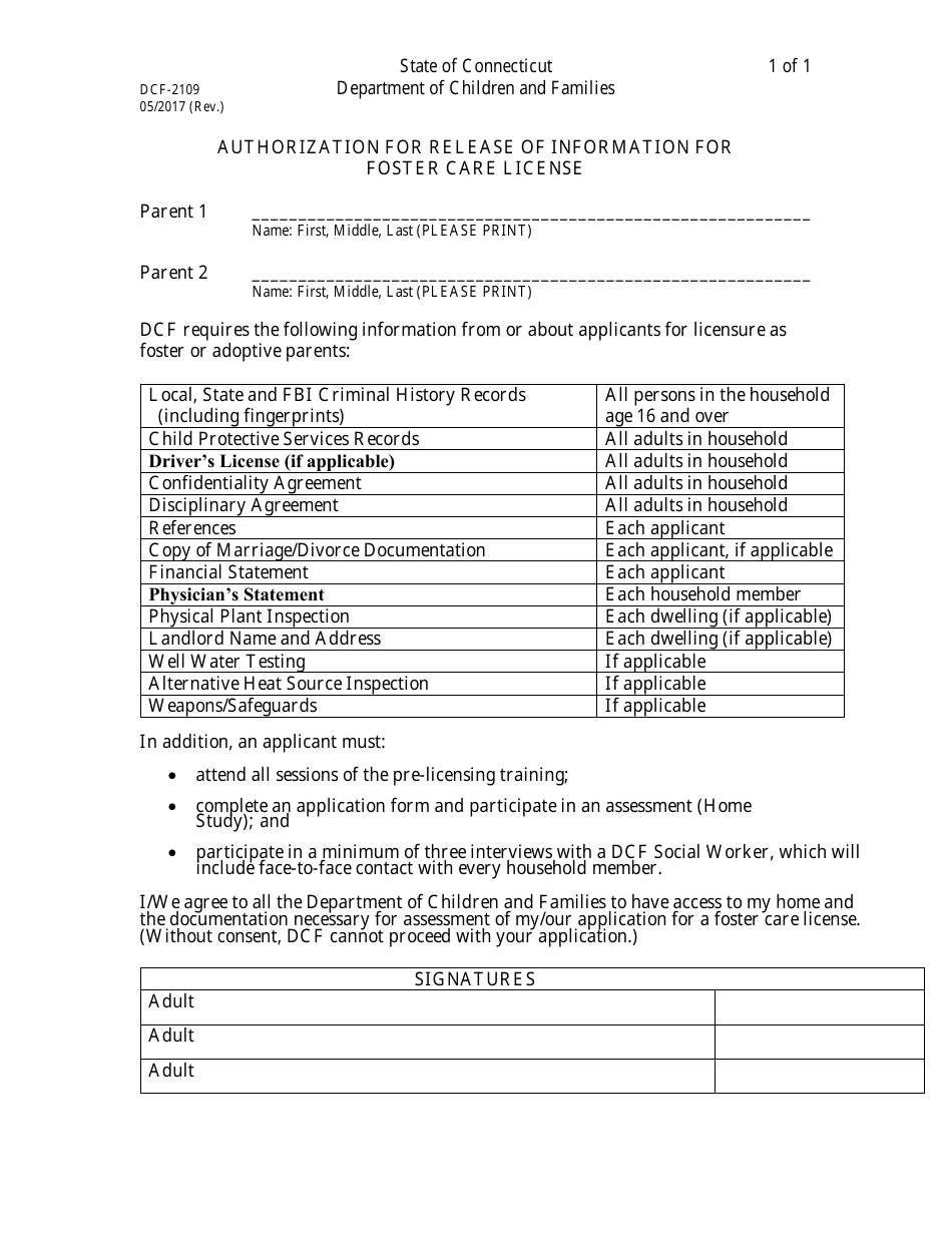 Form DCF-2109 Authorization for Release of Information for Foster Care License - Connecticut, Page 1