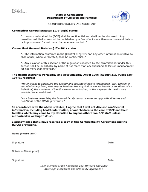 Form DCF-2112 Confidentiality Agreement - Connecticut
