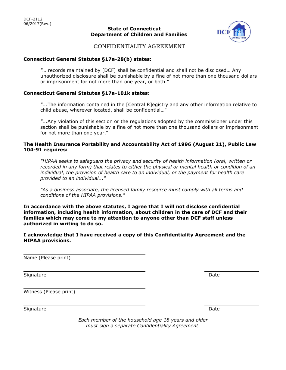 Form DCF-2112 Confidentiality Agreement - Connecticut, Page 1