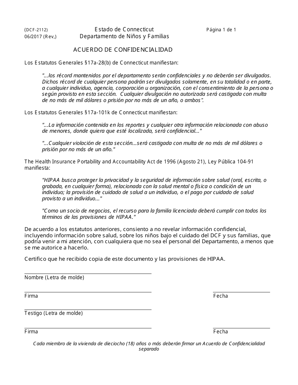 Formulario DCF-2112S Acuerdo De Confidencialidad - Connecticut (Spanish), Page 1