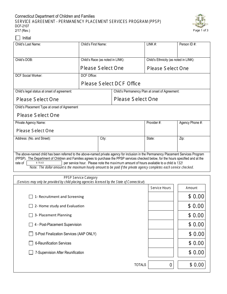 Form DCF-2107 Service Agreement - Permanency Placement Services Program (Ppsp) - Connecticut, Page 1