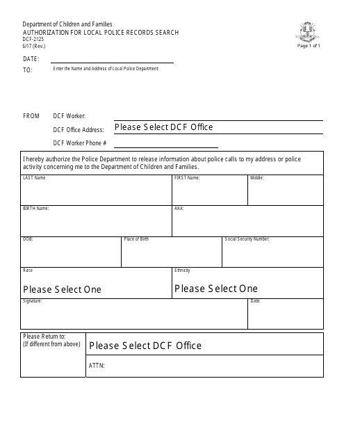 Form DCF-2125 Authorization for Local Police Records Search - Connecticut