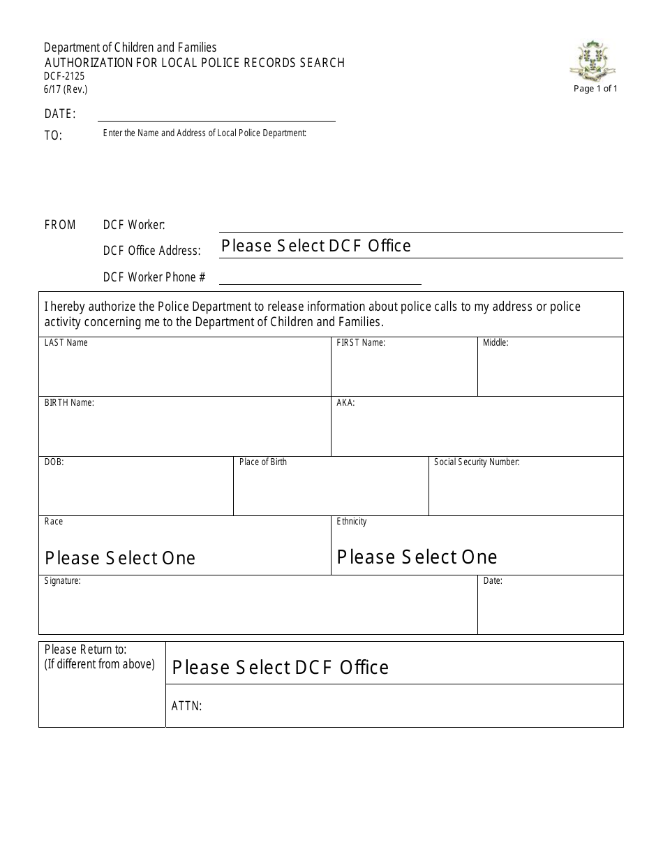 Form DCF-2125 Authorization for Local Police Records Search - Connecticut, Page 1