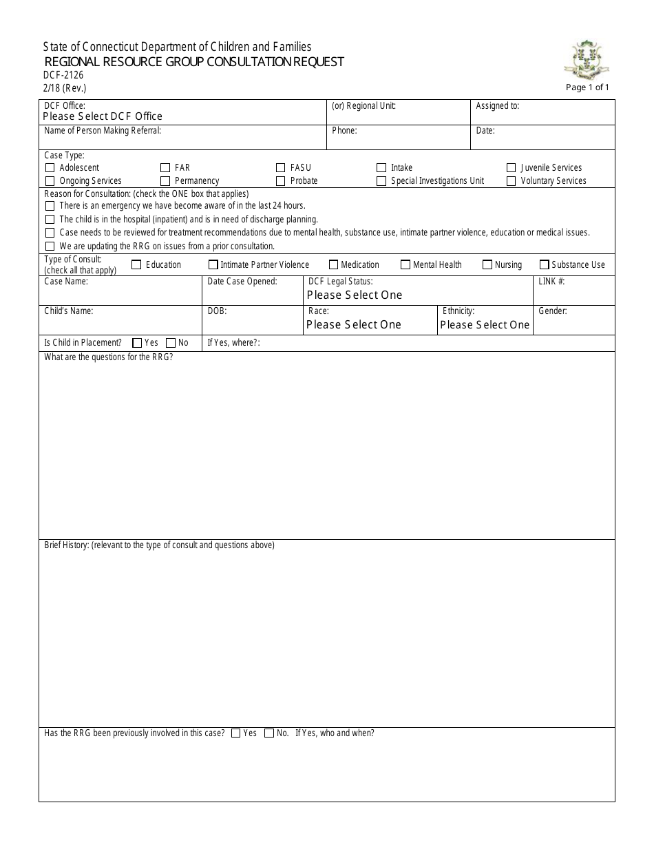 Form DCF-2126 Regional Resource Group Consultation Request - Connecticut, Page 1