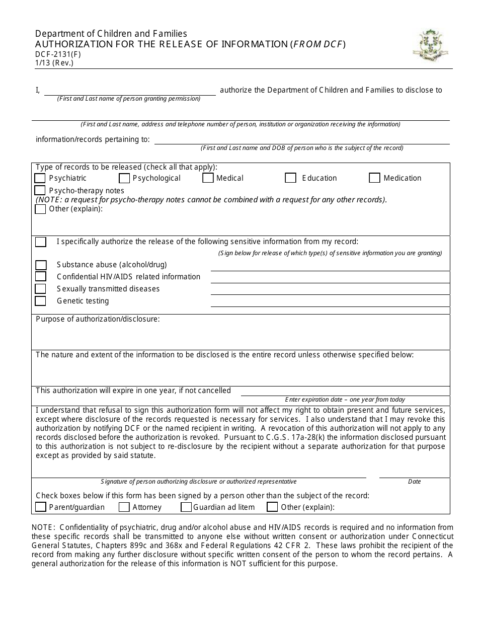Form DCF-2131(F) Authorization for the Release of Information (From Dcf) - Connecticut, Page 1