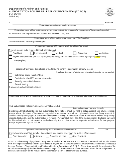 Form DCF-2131(T) Authorization for the Release of Information (To Dcf) - Connecticut