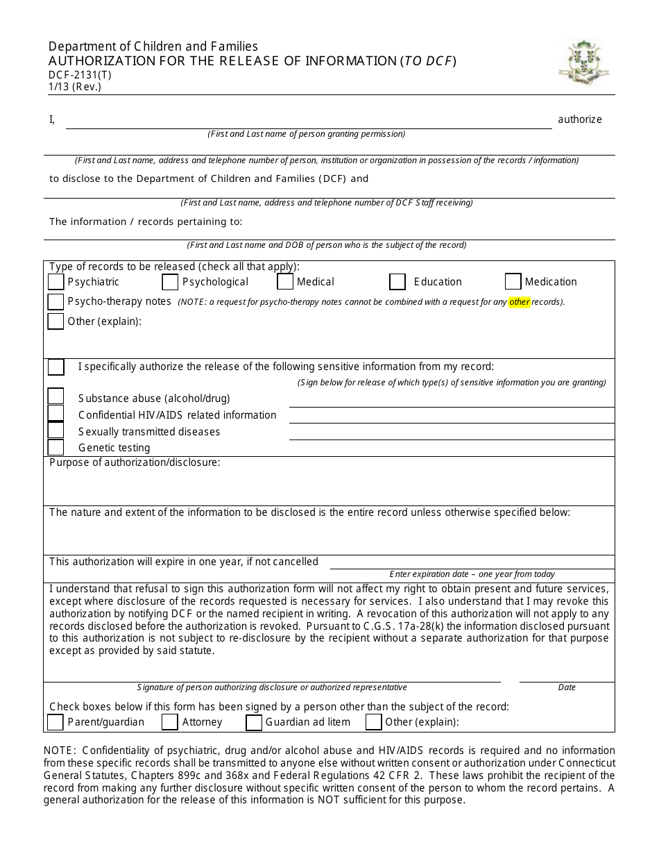 Form DCF-2131(T) Authorization for the Release of Information (To Dcf) - Connecticut, Page 1