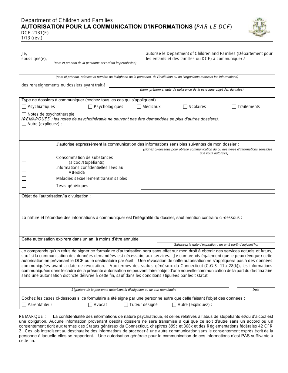 Form DCF-2131(F) Authorization for Release of Information (From Dcf) - Connecticut (French), Page 1