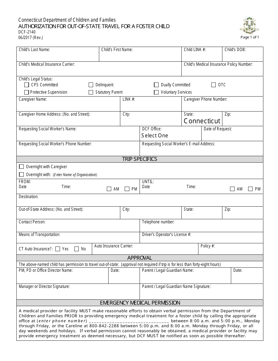 Form DCF-2140 Authorization for Out-of-State Travel for a Foster Child - Connecticut, Page 1