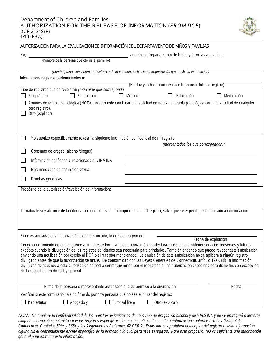 Formulario DCF-2131S(F) Autorizacion Para La Divulgacion De Informacion Del Departamento De Ninos Y Familias - Connecticut (Spanish), Page 1