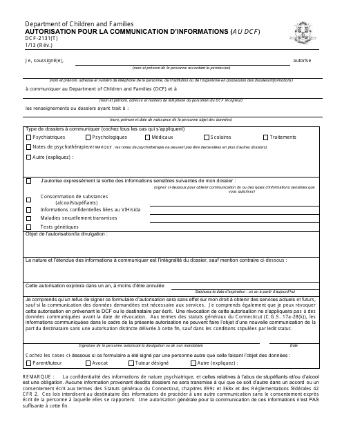 Form DCF-2131(T) Authorization for Release of Information (To Dcf) - Connecticut (French)