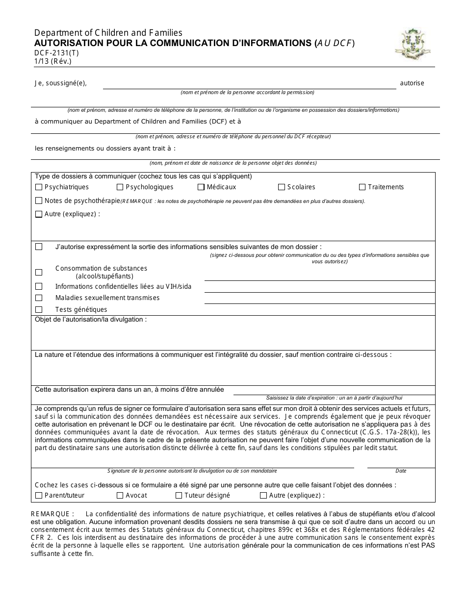 Form DCF-2131(T) Authorization for Release of Information (To Dcf) - Connecticut (French), Page 1
