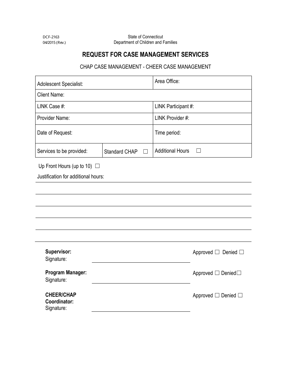 Form DCF-2163 Request for Additional Case Management Service Hours for Chap Clients - Connecticut, Page 1