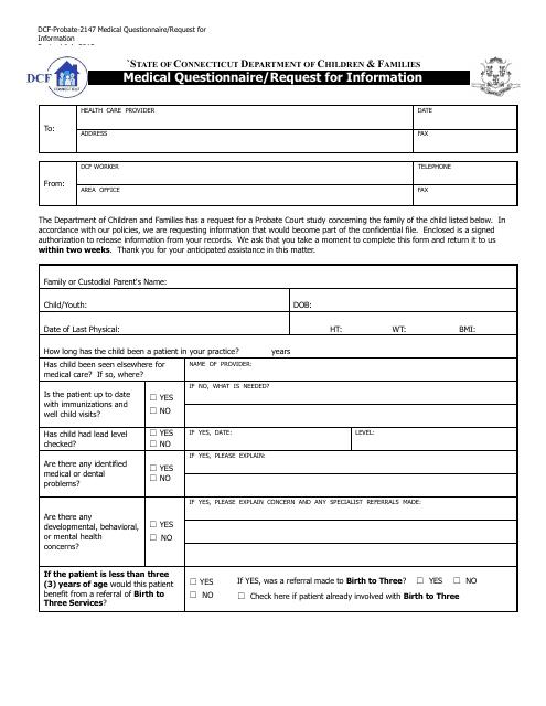 Form DCF-Probate-2147 Medical Questionnaire/Request for Information - Connecticut