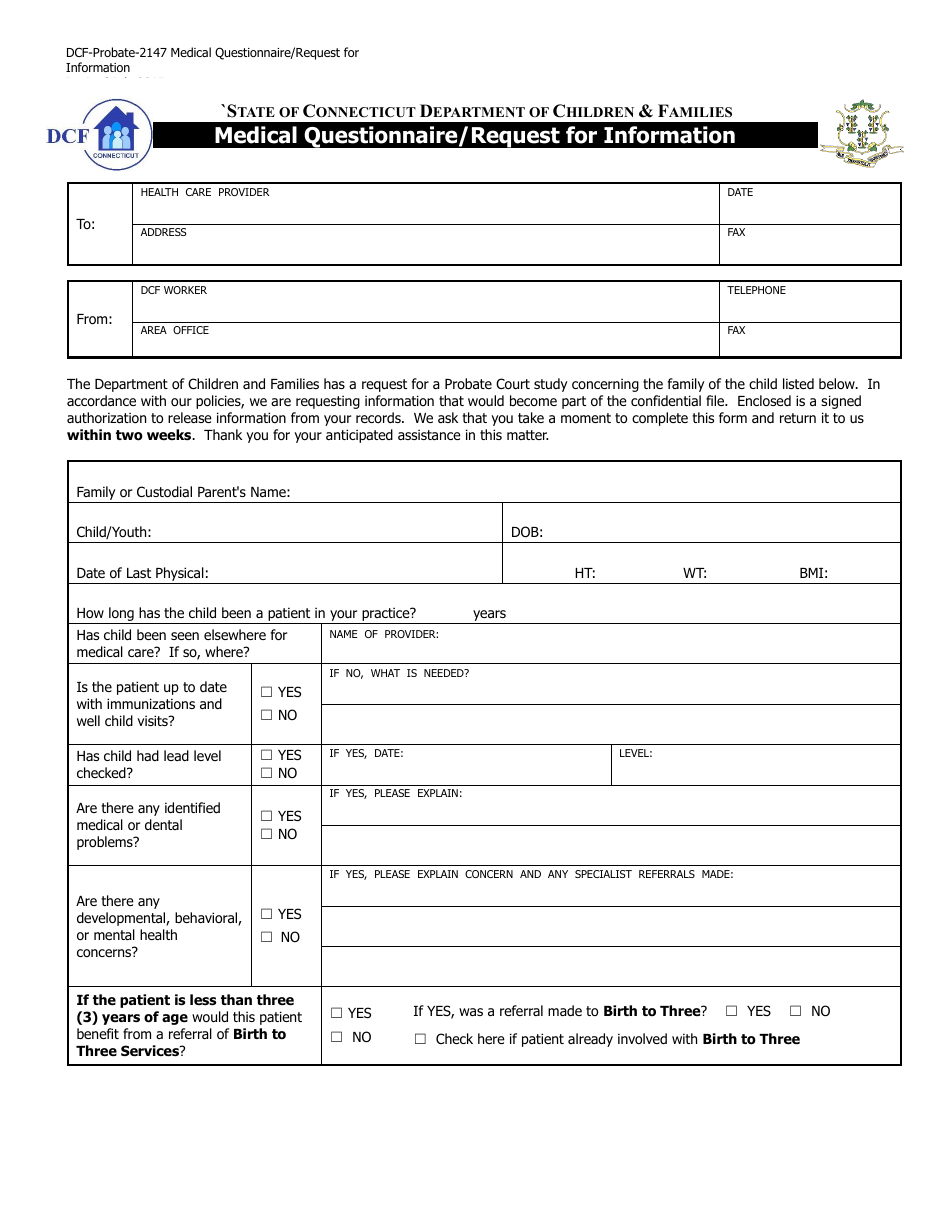 Form DCF-Probate-2147 Medical Questionnaire / Request for Information - Connecticut, Page 1