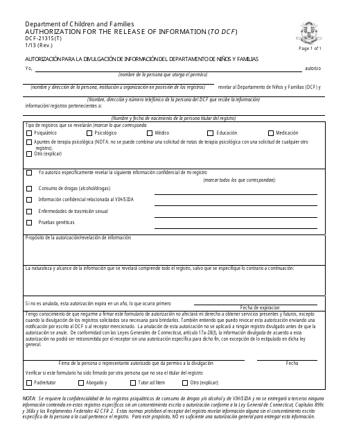 Formulario DCF-2131S(T) Autorizacion Para La Divulgacion De Informacion Del Departamento De Ninos Y Familias - Connecticut (Spanish)