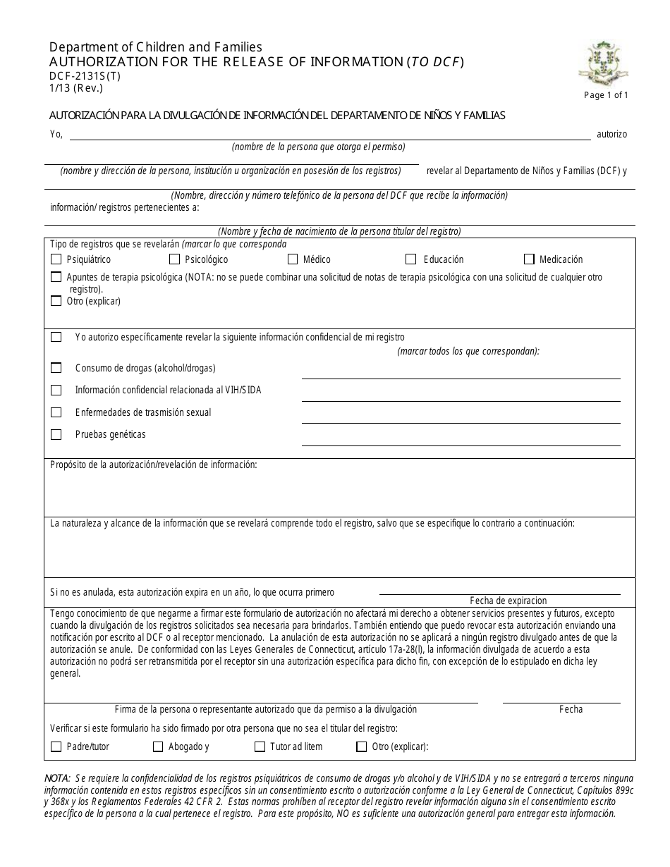 Formulario DCF-2131S(T) Autorizacion Para La Divulgacion De Informacion Del Departamento De Ninos Y Familias - Connecticut (Spanish), Page 1
