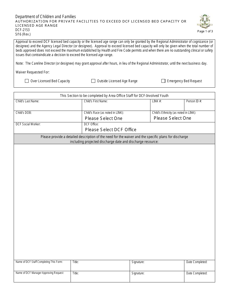 Form DCF-2153 Authorization Form for Private Facilities to Exceed Dcf Licensed Bed Capacity or Licensed Age Range - Connecticut, Page 1