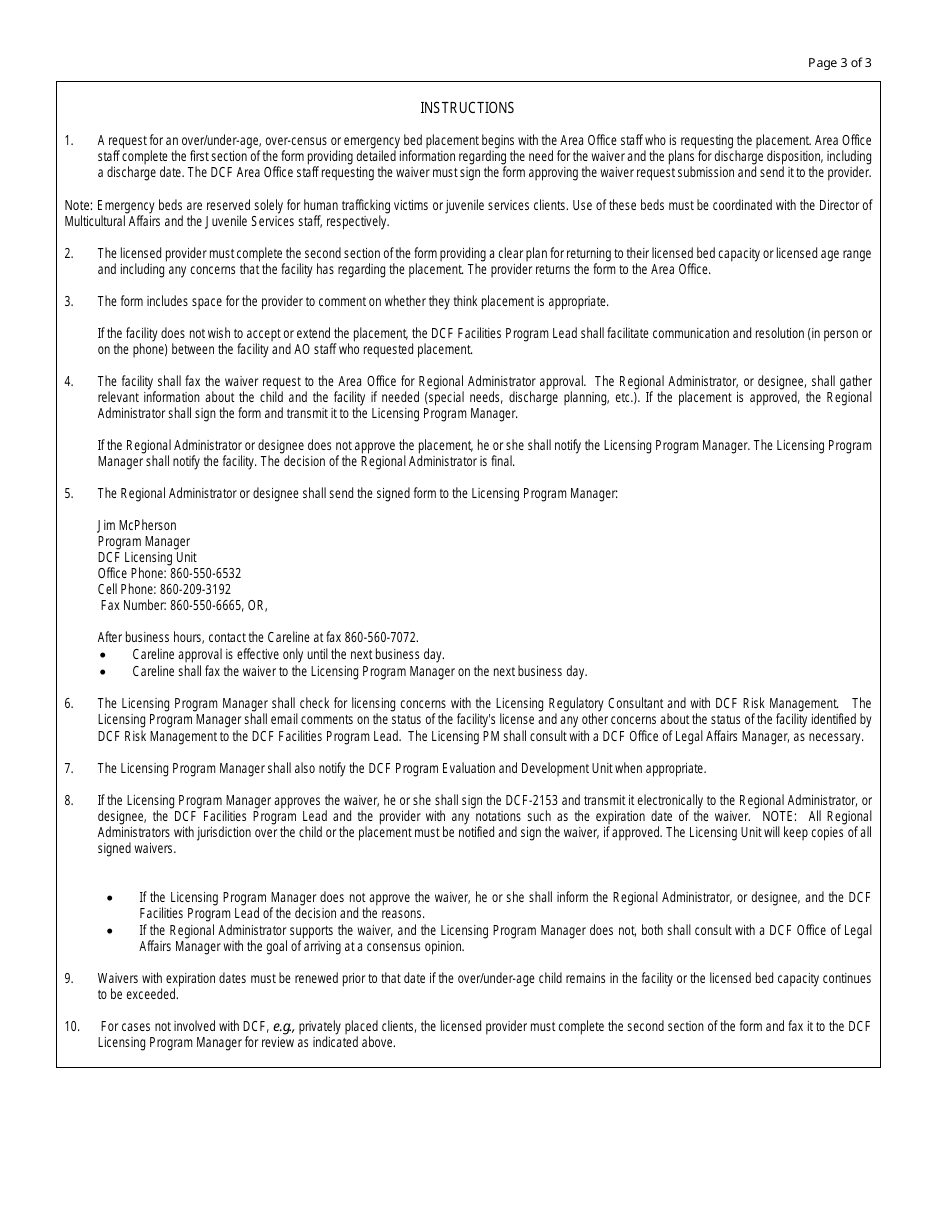Form DCF-2153 Authorization Form for Private Facilities to Exceed Dcf Licensed Bed Capacity or Licensed Age Range - Connecticut, Page 3