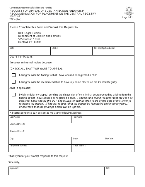 Form DCF-2210 B Request for Appeal of Substantiation Finding(S)/ Recommendation for Placement on the Central Registry - Connecticut