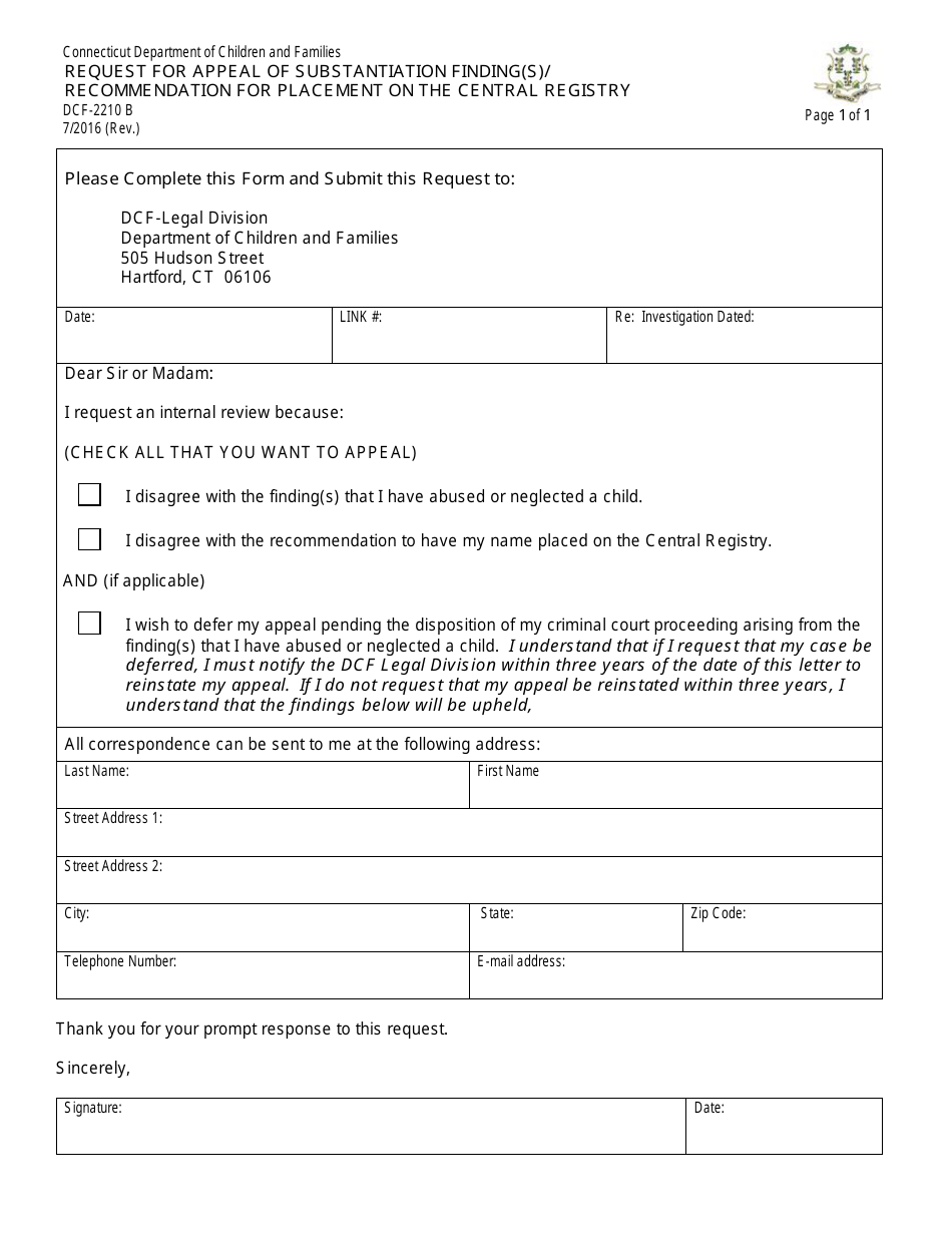 Form DCF-2210 B Request for Appeal of Substantiation Finding(S) / Recommendation for Placement on the Central Registry - Connecticut, Page 1