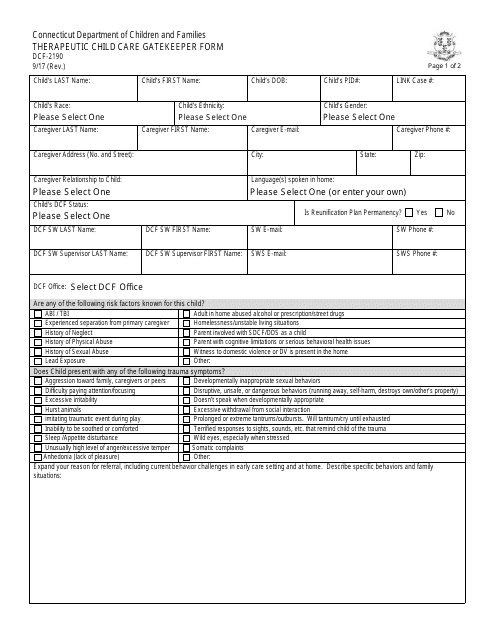 Form DCF-2190 Therapeutic Child Care Gatekeeper Form - Connecticut