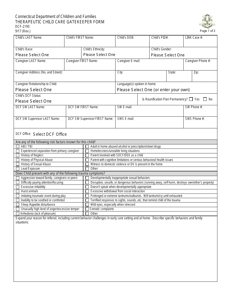 Form DCF-2190 Therapeutic Child Care Gatekeeper Form - Connecticut, Page 1