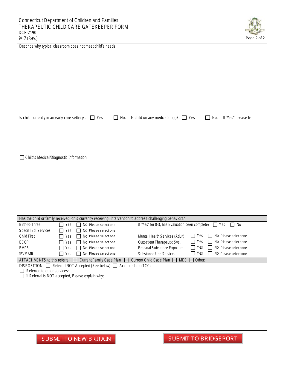 Form DCF-2190 Therapeutic Child Care Gatekeeper Form - Connecticut, Page 2
