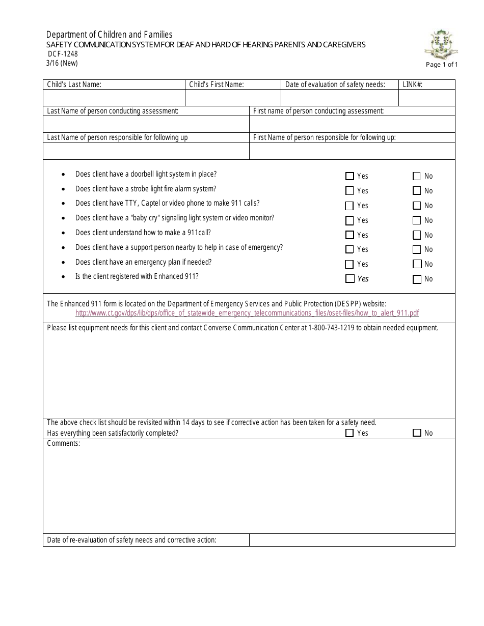 Form DCF-1248 Safety Communication System for Deaf and Hard of Hearing Parents and Caregivers - Connecticut, Page 1