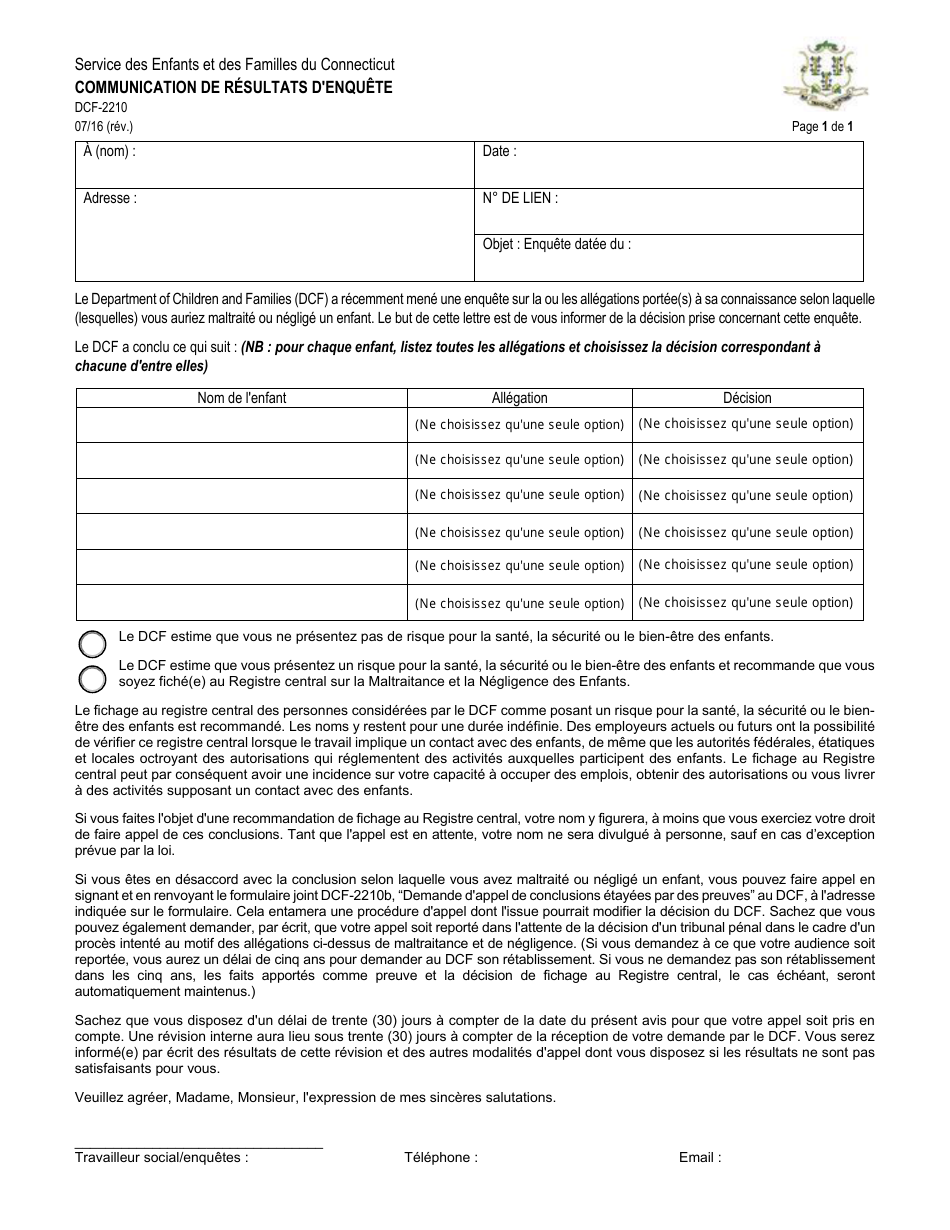 Form DCF-2210 Notification of Investigation Results - Connecticut (French), Page 1