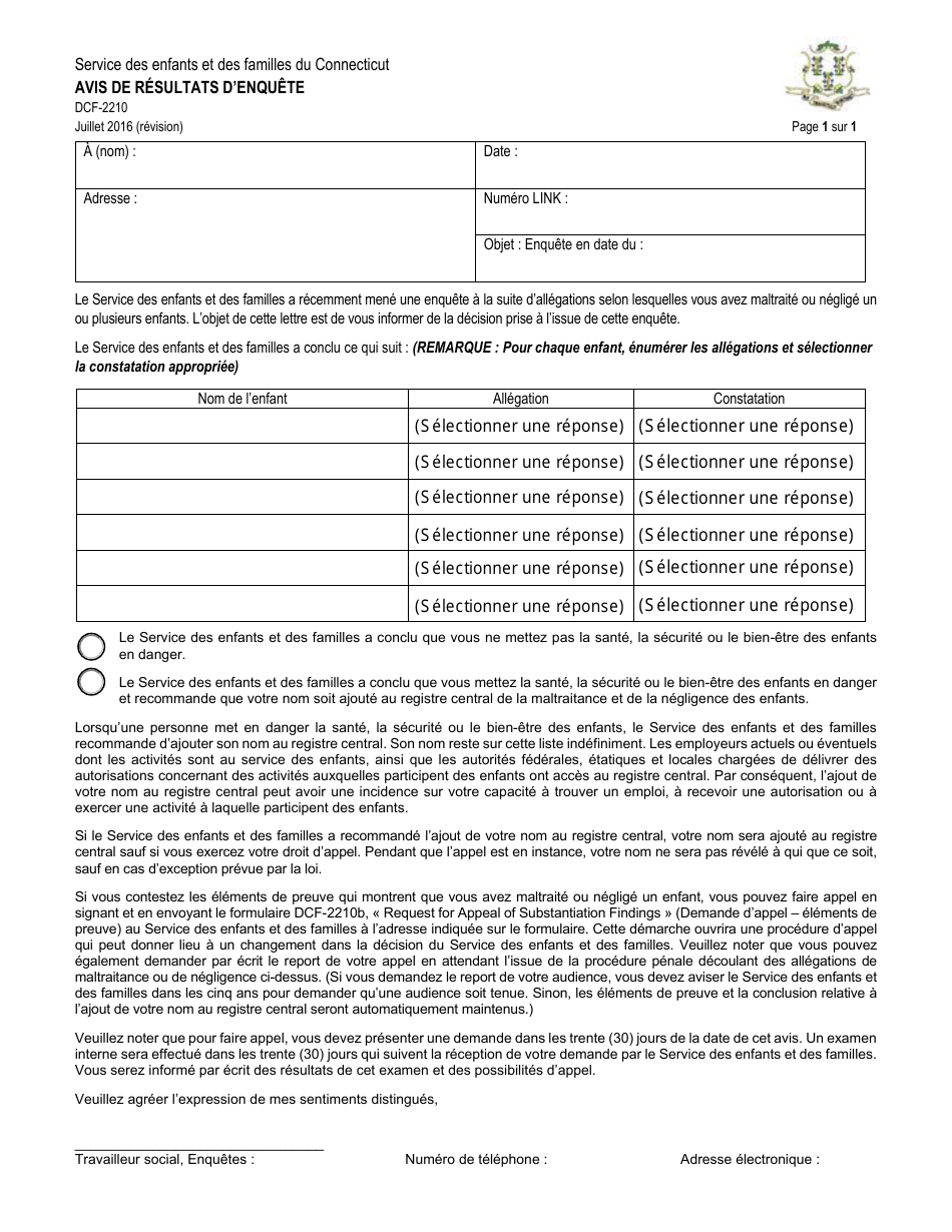 Form DCF-2210 Notification of Investigation Results - Connecticut (French Canadian), Page 1