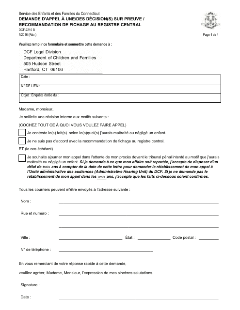 Form DCF-2210 B Request for Appeal of Substantiation Finding(S)/Recommendation for Placement on Central Registry - Connecticut (French)