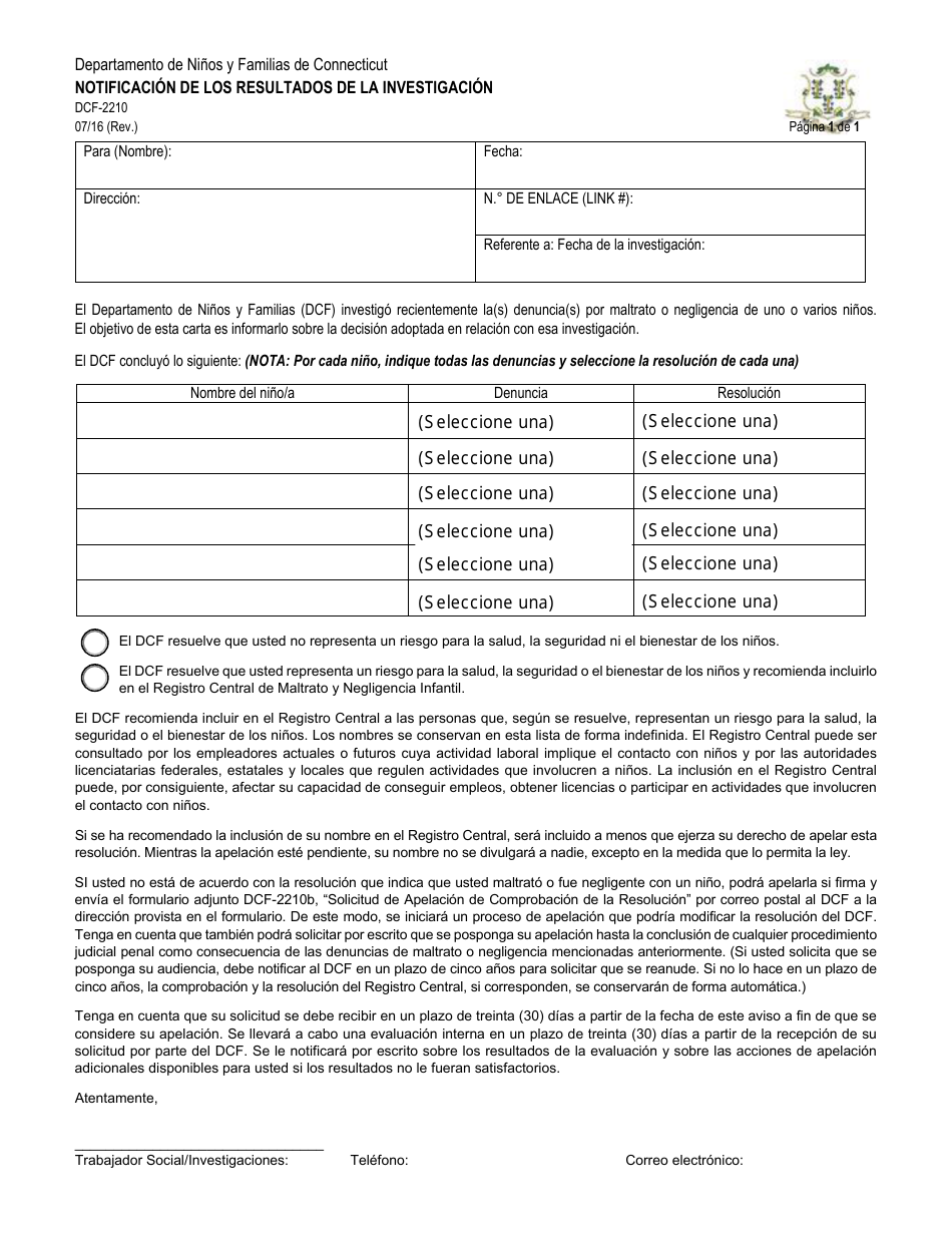 Formulario DCF-2210 Notificacion De Los Resultados De La Investigacion - Connecticut (Spanish), Page 1