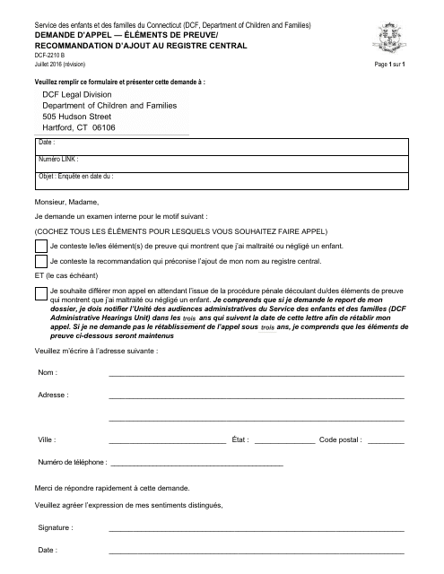 Form DCF-2210 B Request for Appeal of Substantiation Finding(S)/Recommendation for Placement on Central Registry - Connecticut (French Canadian)