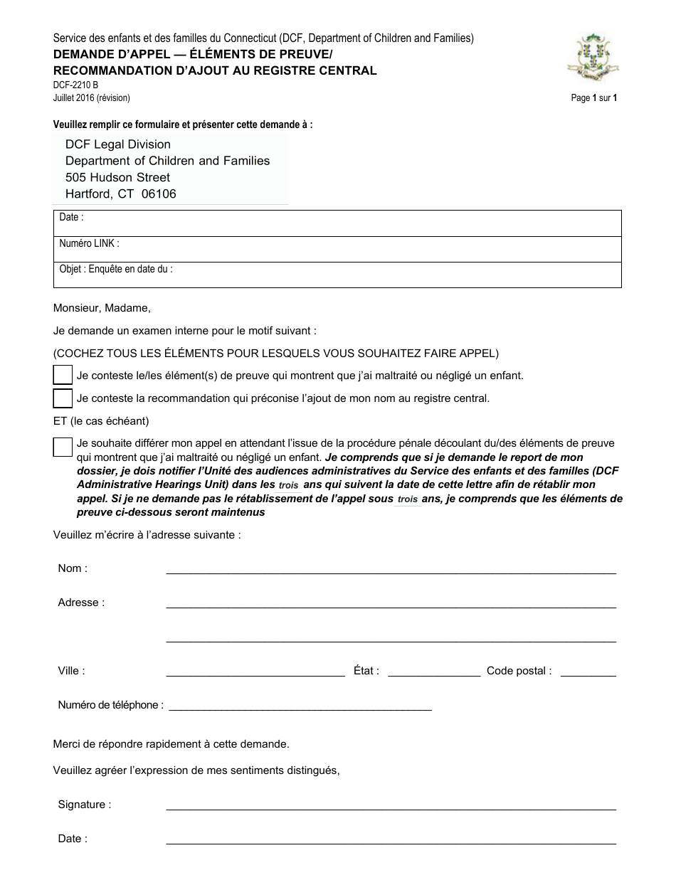 Form DCF-2210 B Request for Appeal of Substantiation Finding(S) / Recommendation for Placement on Central Registry - Connecticut (French Canadian), Page 1